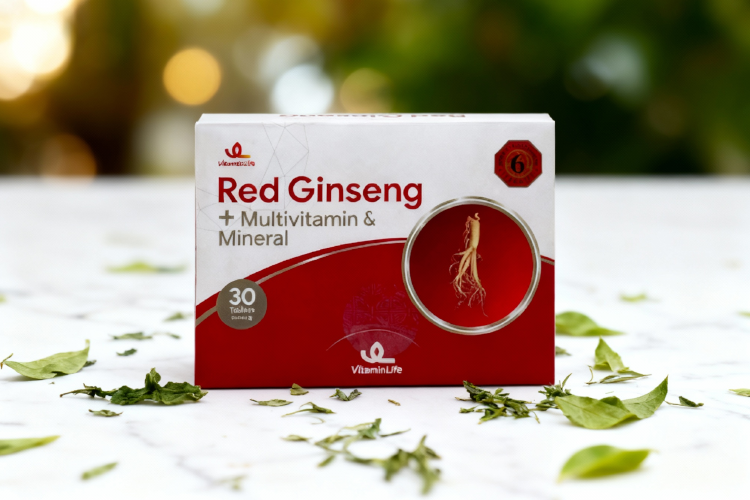 قرص رد جینسینگ برای چاقی روی سطح سفید در کنار برگ های گیاهی